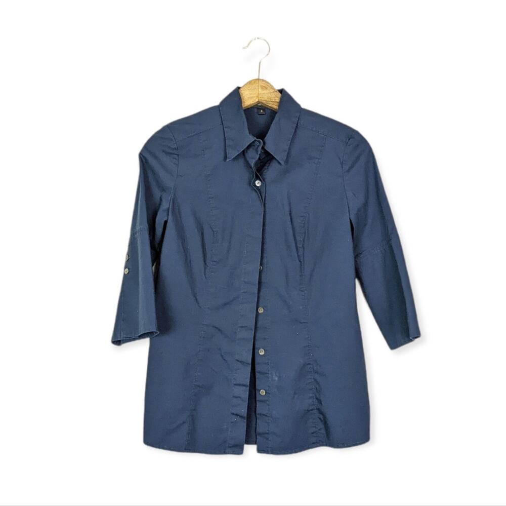 Hilton Hollis Blue Cotton Blend Button Down Blouse